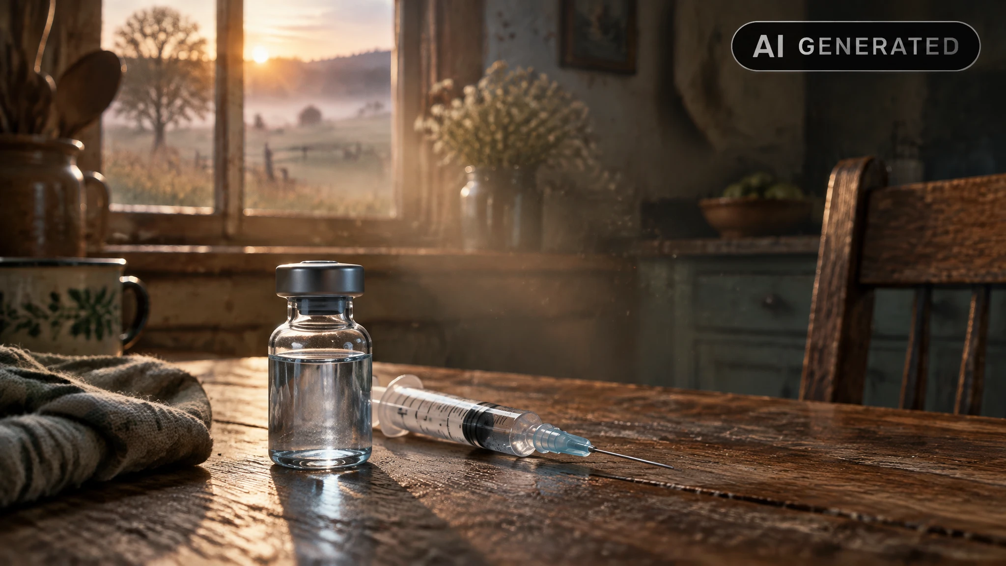 Vaccine vial and syringe resting on a weathered wooden farmhouse table lit by soft morning window light