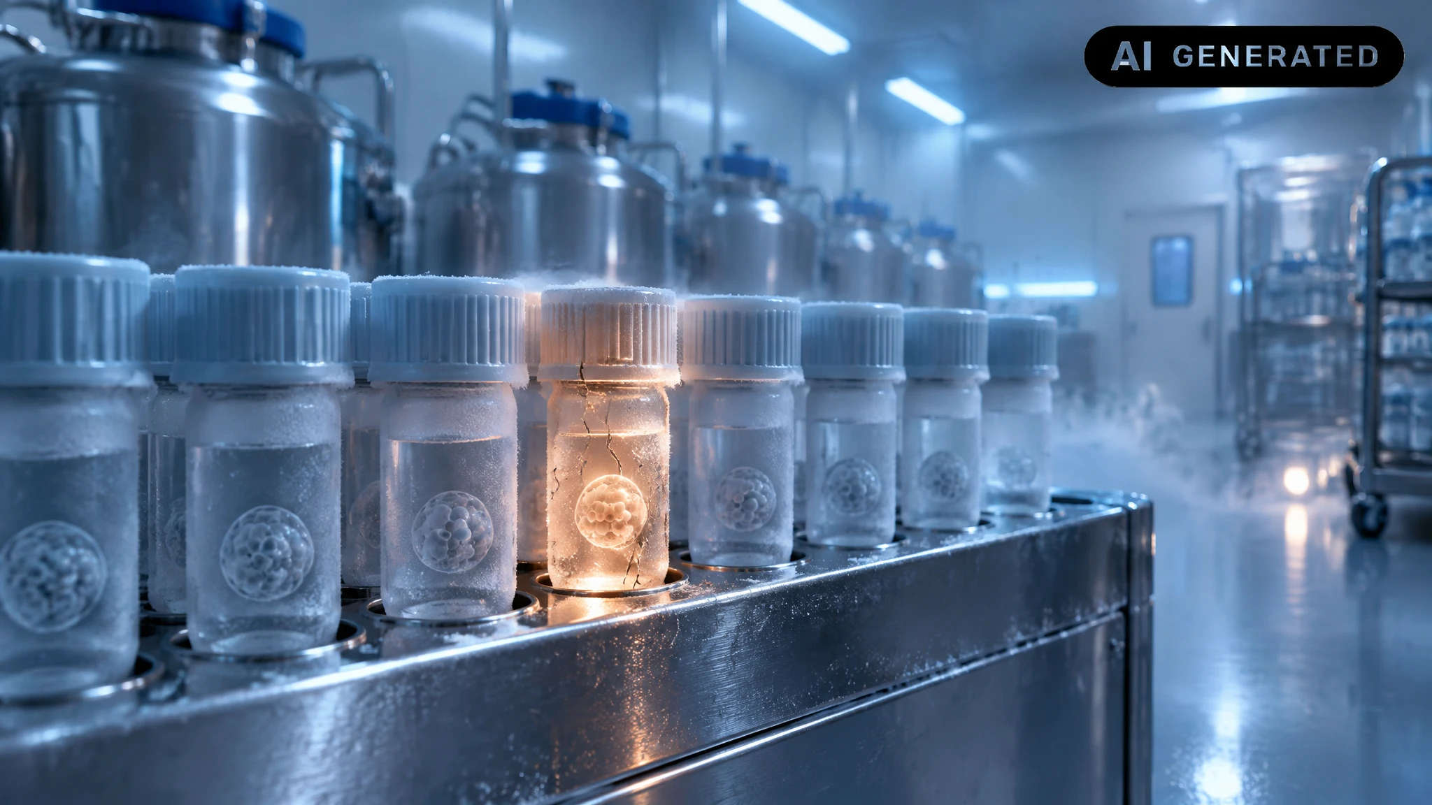 Glowing vial with a cracked label sits among rows of identical frozen sample containers in a clinical storage rack.