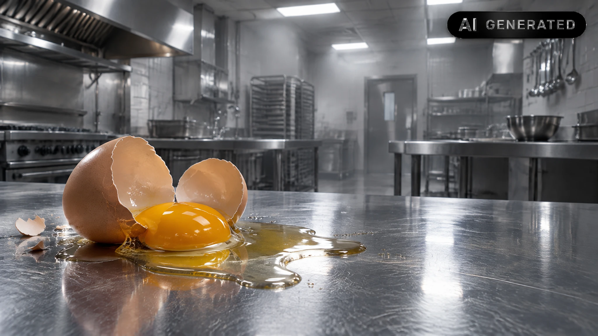 Cracked egg spilling yolk across a stainless steel kitchen counter under harsh clinical lighting