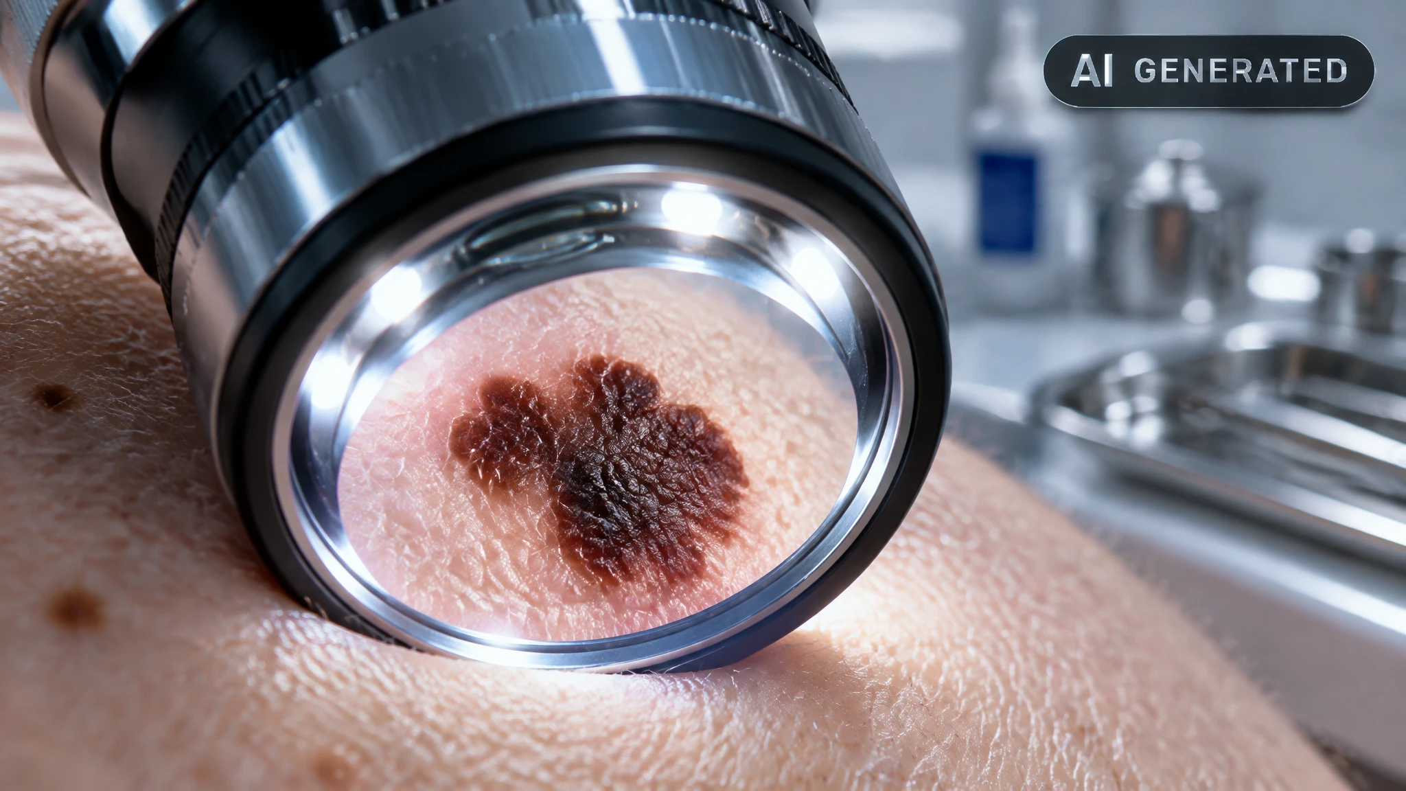 Magnified lens revealing a dark irregular mark on skin under clinical light