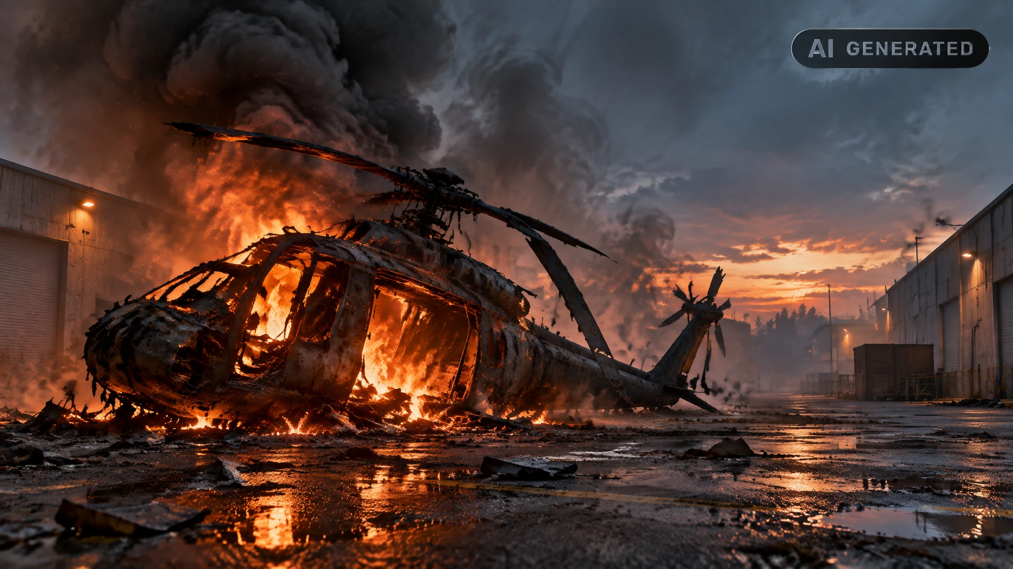 Burning helicopter wreckage in an empty parking lot under a massive black smoke cloud