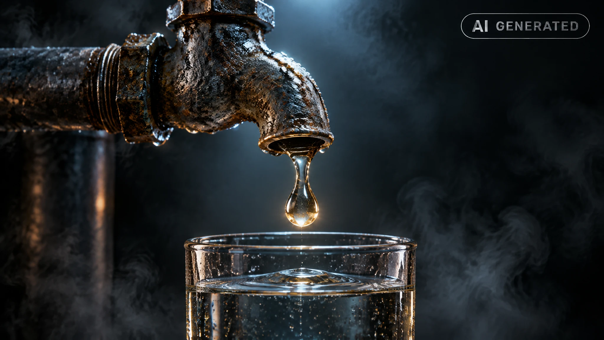 Corroded metal faucet dripping into a glass container with dark metallic ripples in water