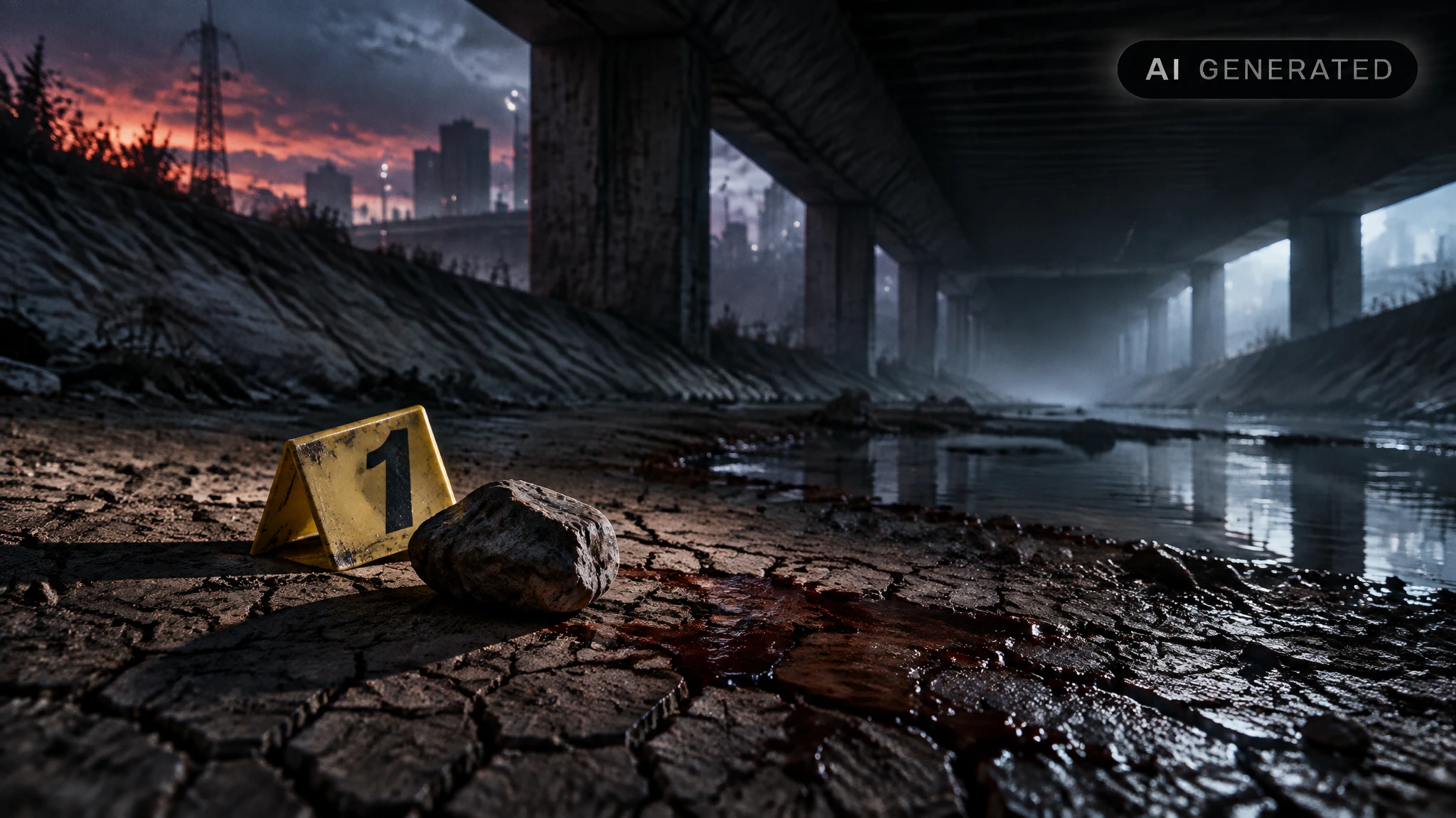 Empty riverbank at dusk with a stone and evidence marker beside dark water stains under a concrete overpass