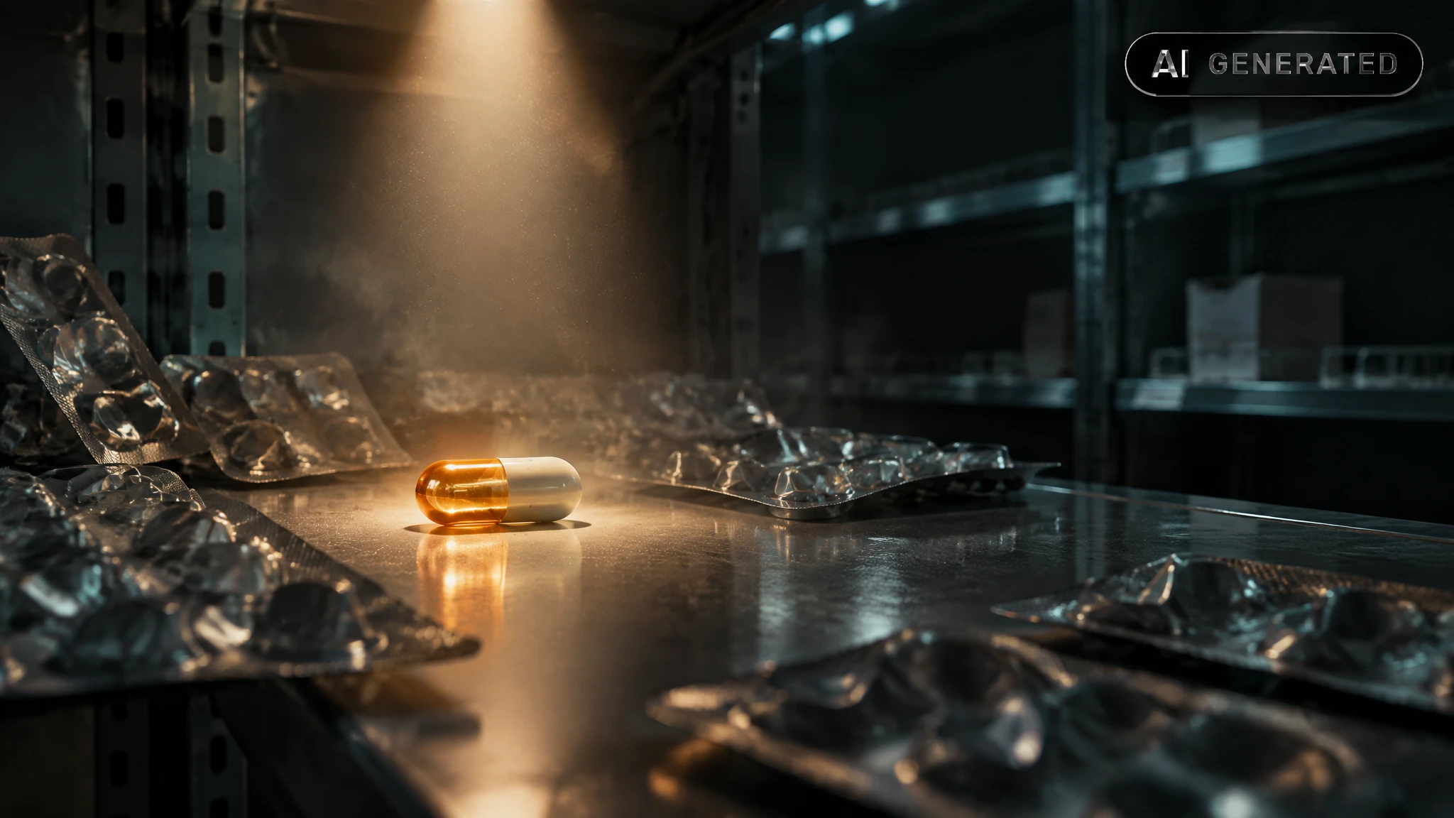 Empty pharmaceutical blister packs on a shelf with one glowing pill capsule remaining