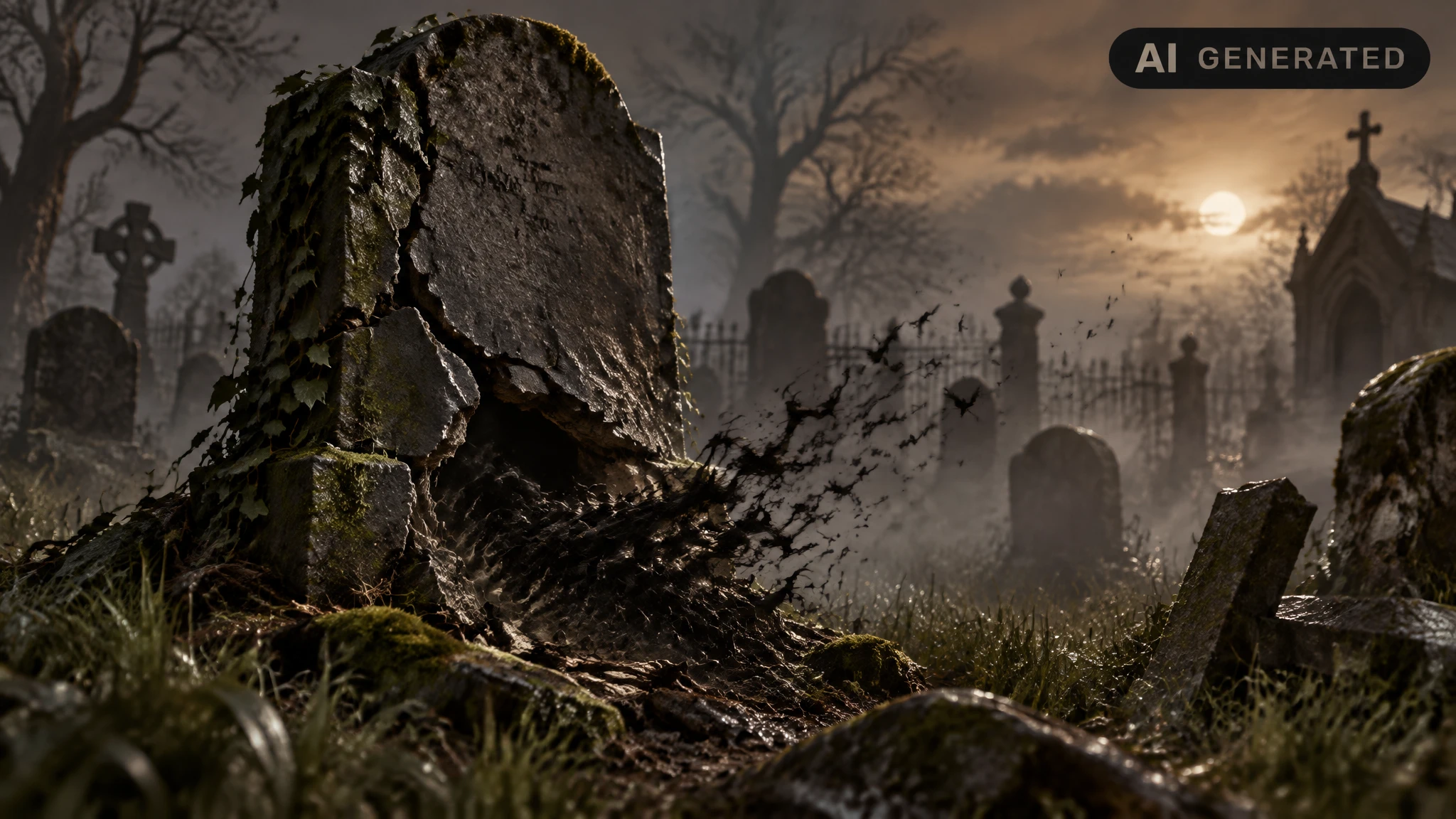 Cracked cemetery gravestone with a dark hollow nest cavity beneath it in dim grey light
