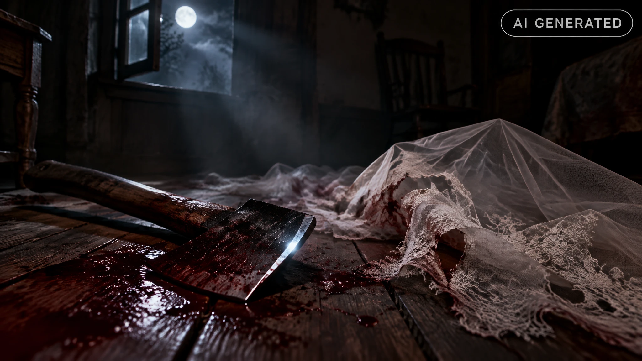 An axe embedded in a wooden floor beside a torn white veil under dim moonlight