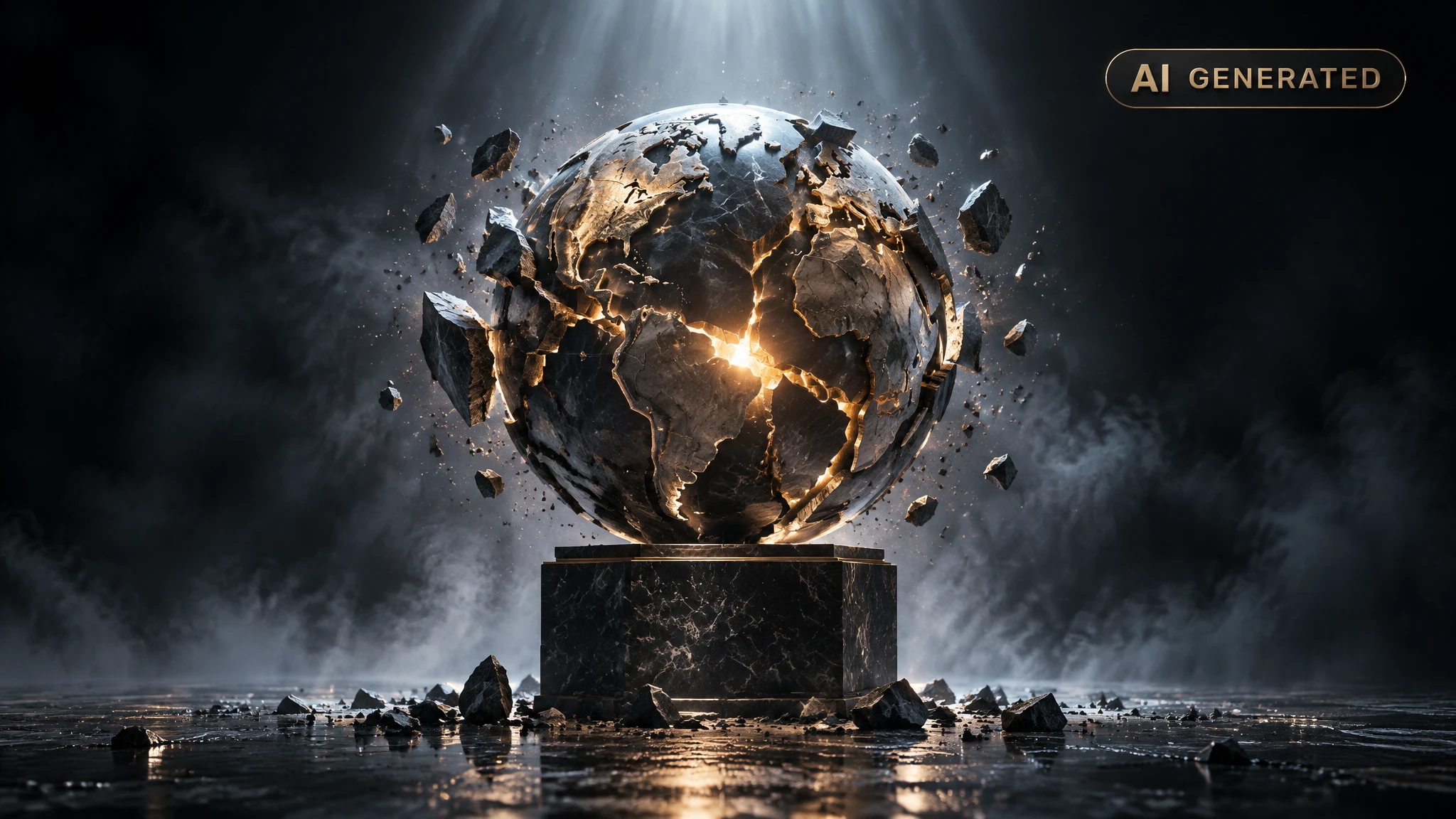 Cracked marble sphere fracturing apart under a spotlight in a dark void