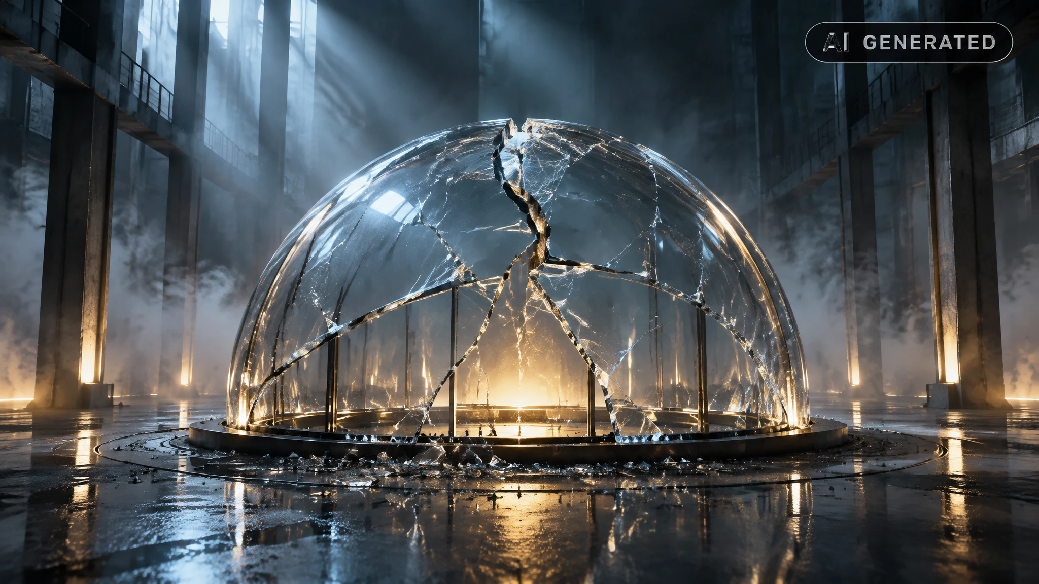 Cracked glass dome with light streaming through fractures in a foggy industrial atrium
