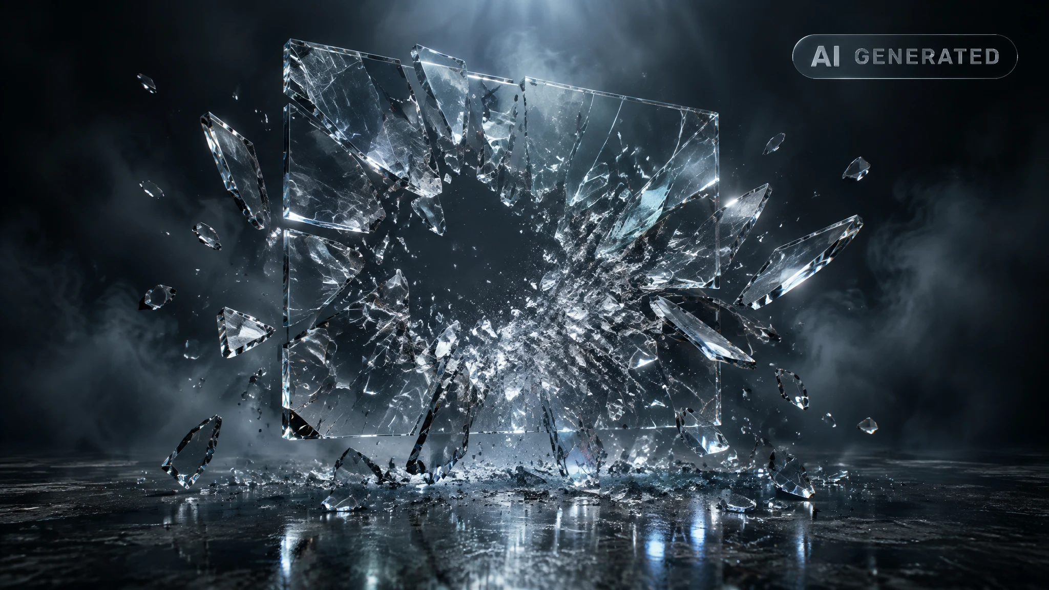 Fractured glass pane suspended mid-shatter over a dark reflective surface with light refracting through cracks