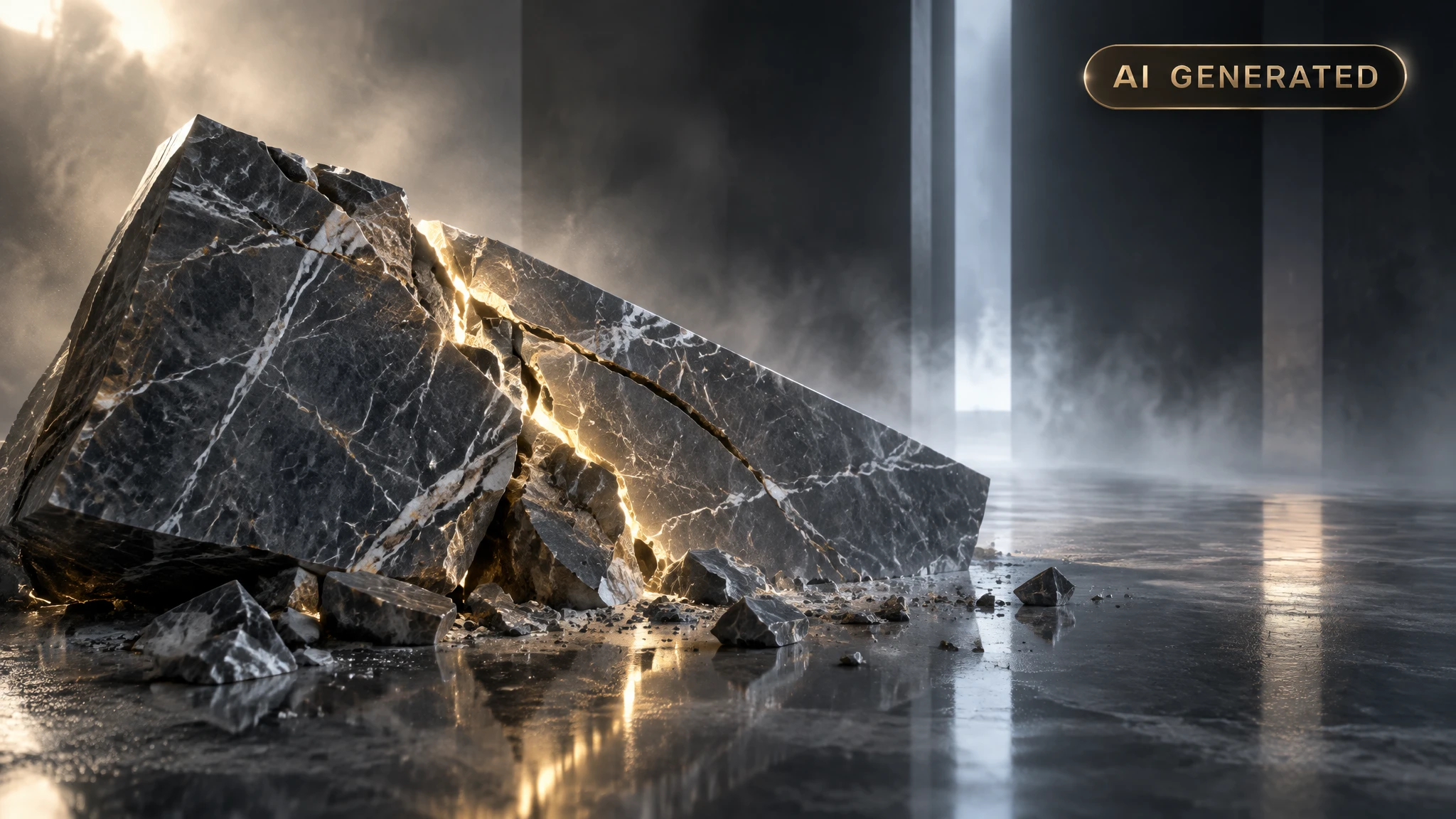 Close view of a cracked dark marble surface with soft light and drifting fog.