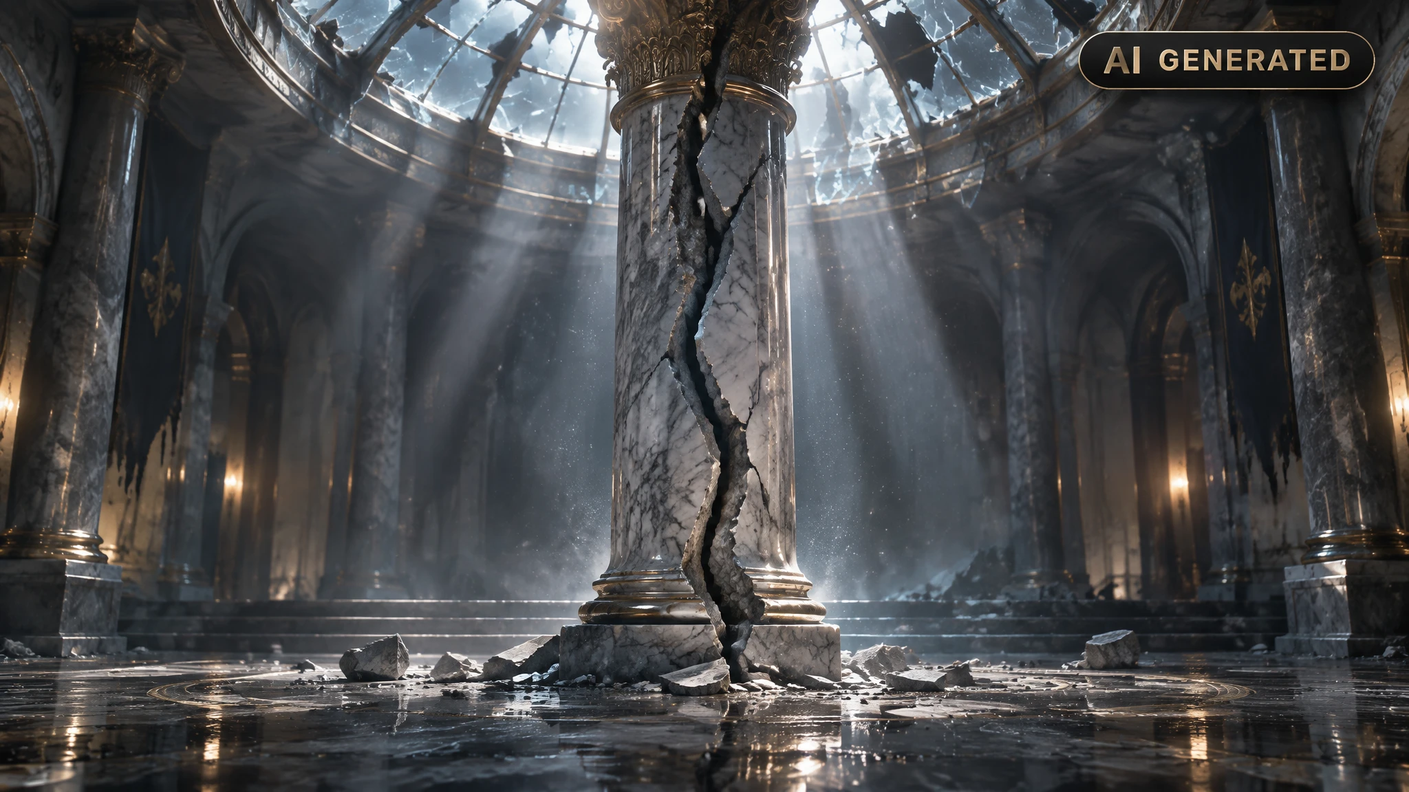 Cracked marble pillar under a shattered glass dome with light beams cutting through dust
