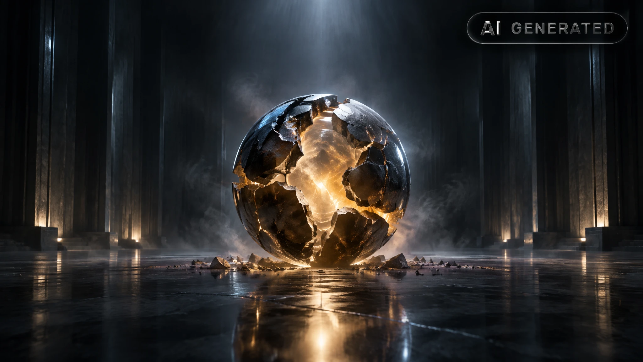 Cracked glowing orb resting on a broken pedestal in a dark empty hall