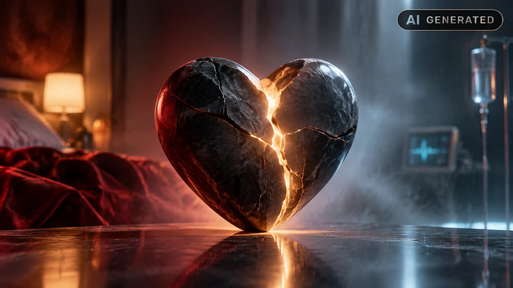 Dark stone heart with a glowing golden crack sealing itself, symbolizing detection and healing of a hidden threat