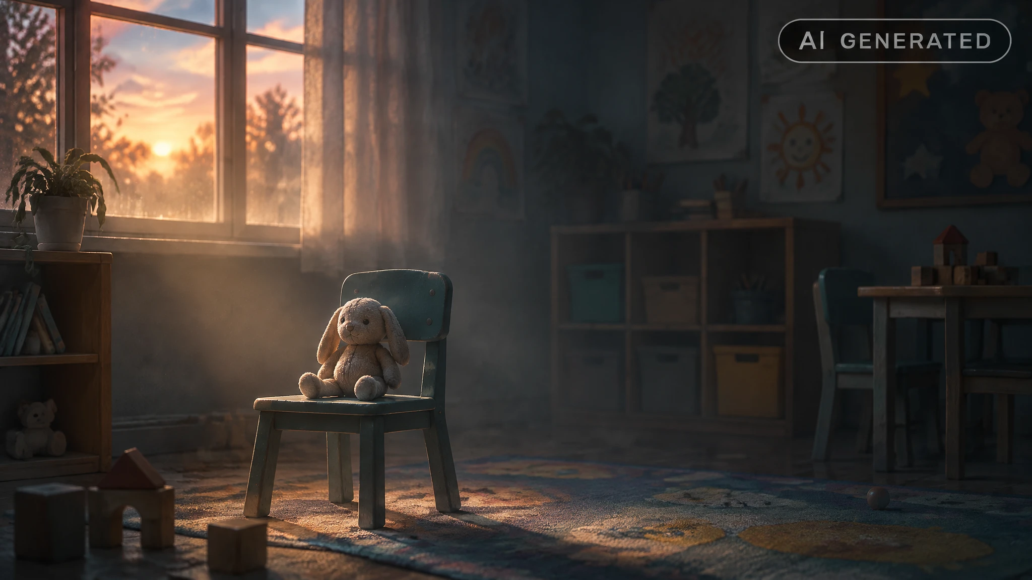 Empty small chair beside a window with a lone toy, soft fading light, no people visible