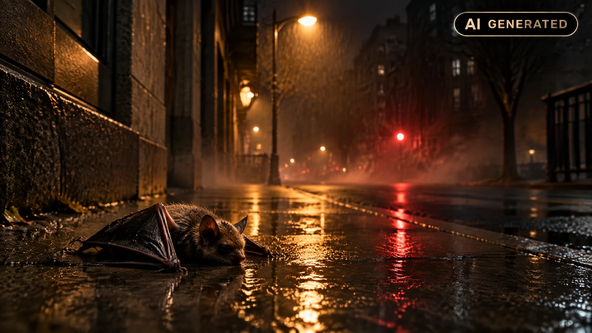 A small bat lying on a wet city sidewalk illuminated by amber streetlight at night