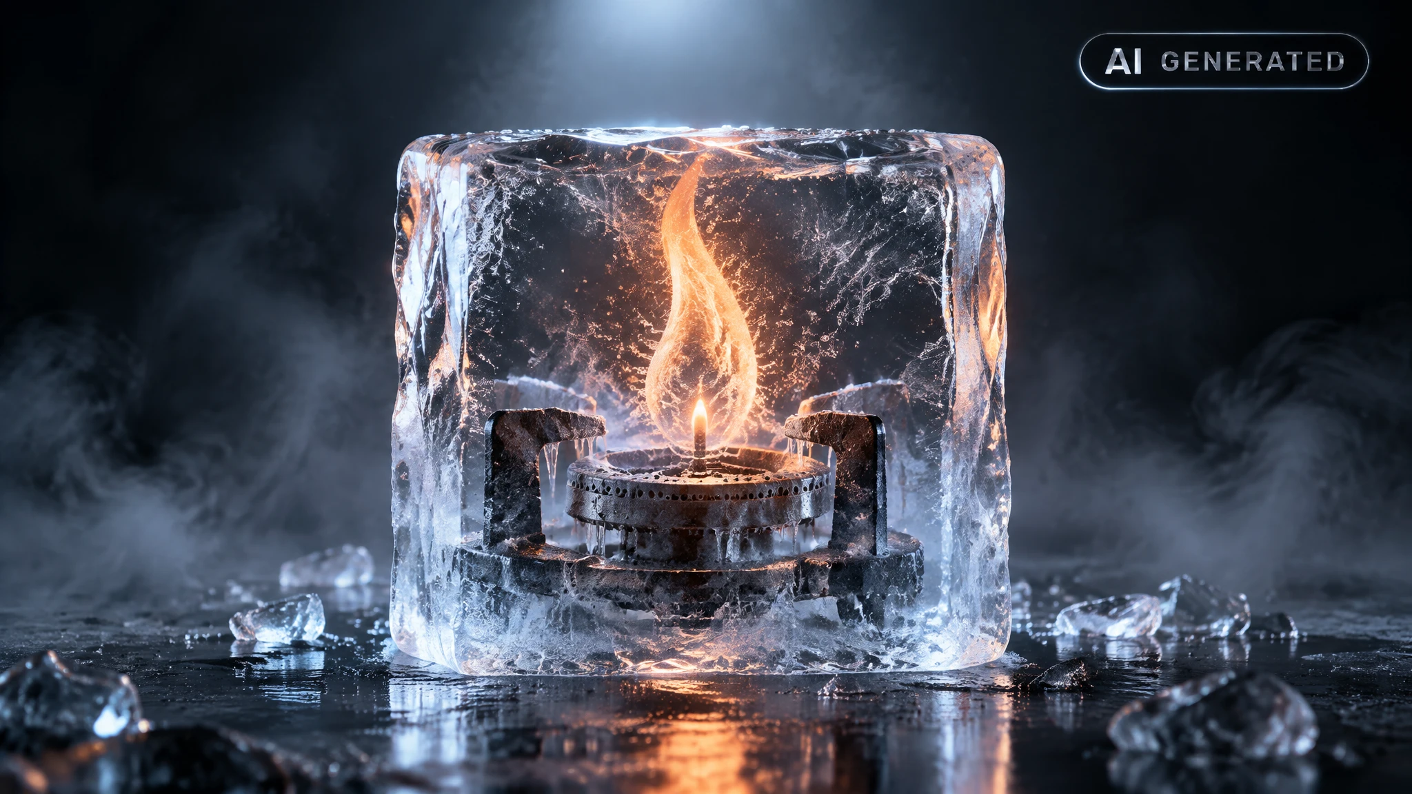 A gas flame frozen solid inside a block of ice under cold studio lighting