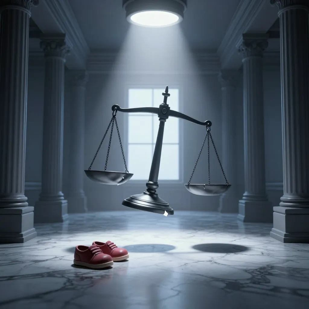 Cracked scales of justice hanging above small empty shoes on a dim marble floor