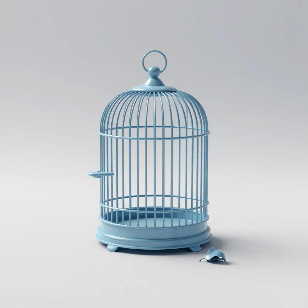 Cracked toy birdcage with a small detached plastic piece on an empty floor