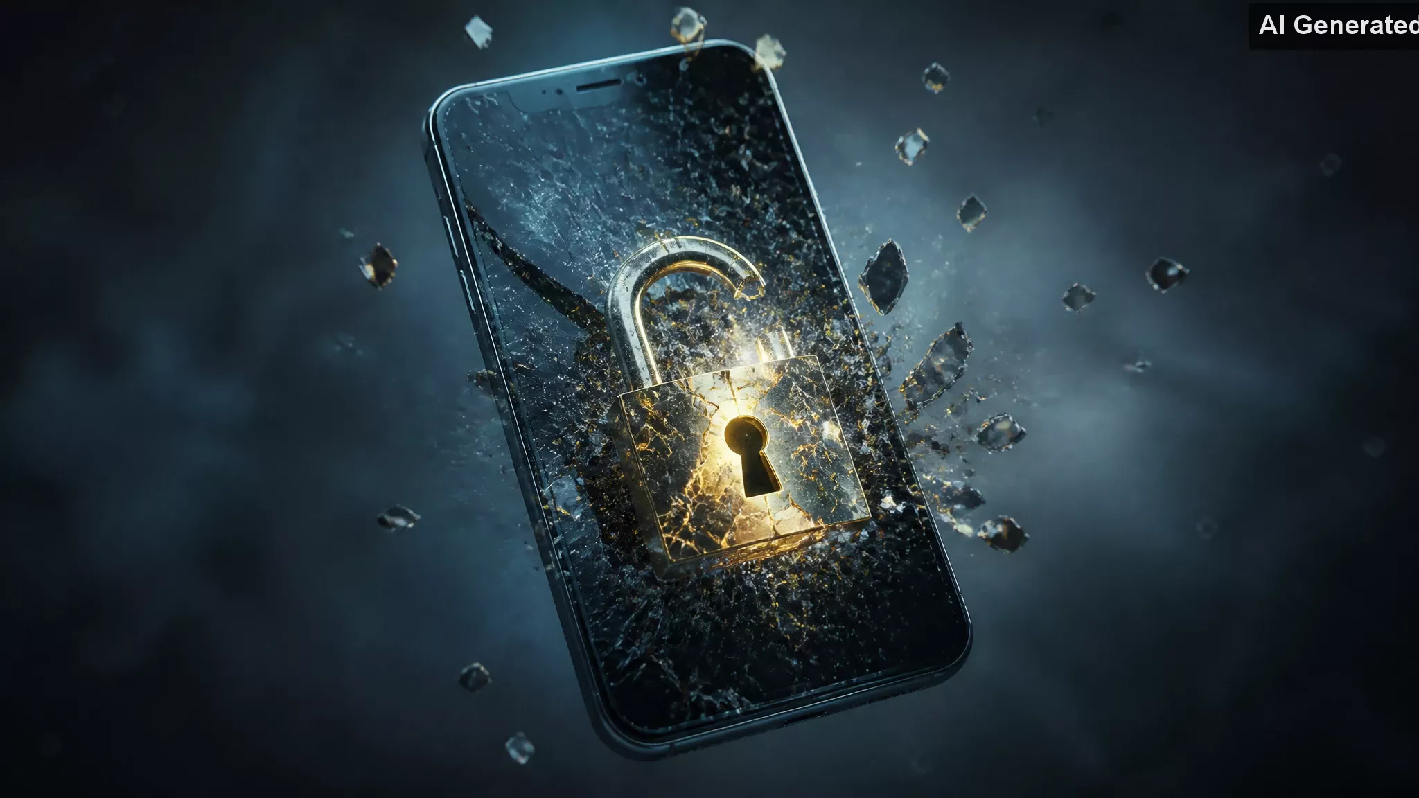 Cracked smartphone screen with a glowing padlock breaking apart in dark digital space