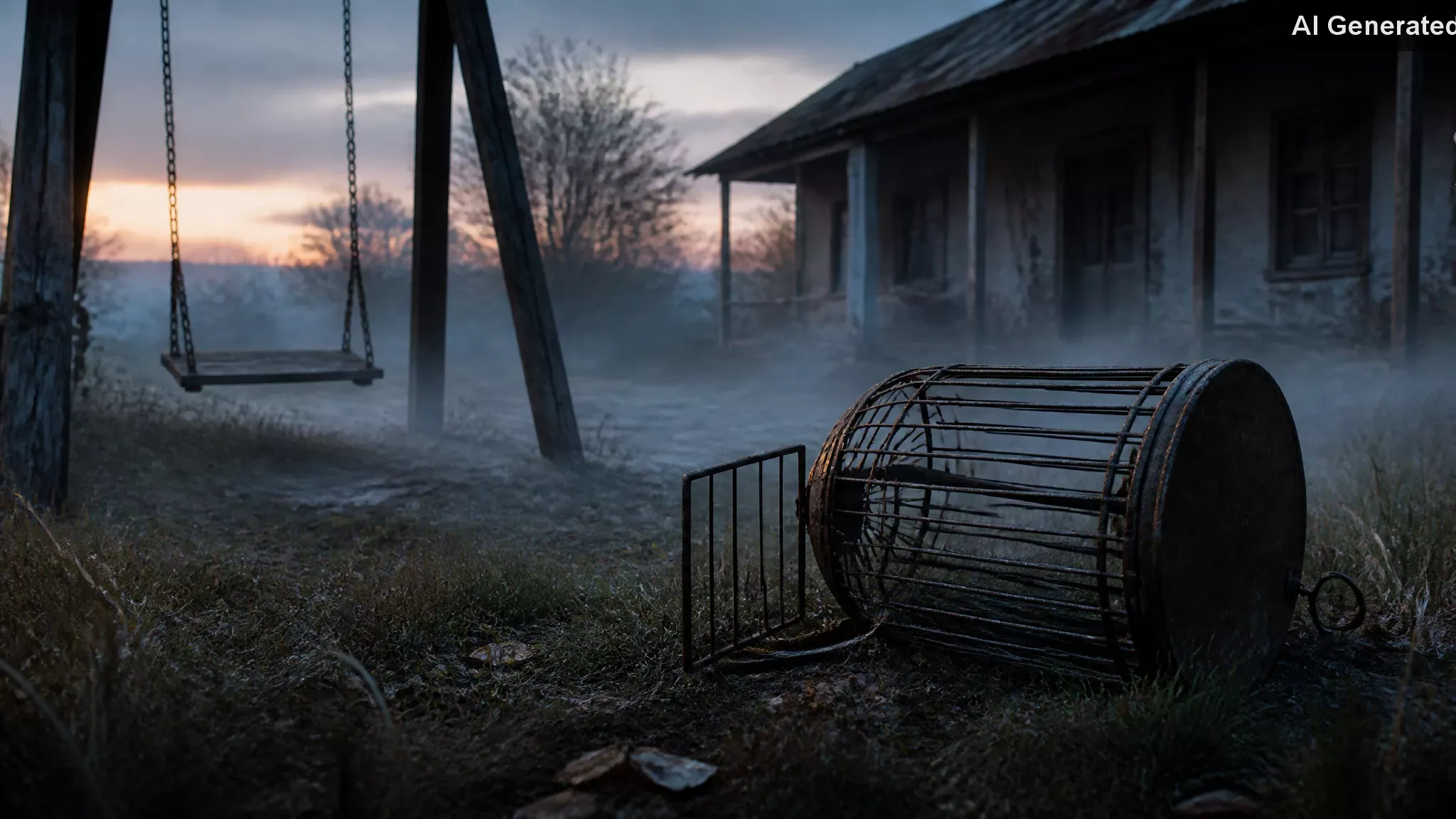 Overturned empty cage lies in the grass beside an abandoned child's swing before an old house at dusk