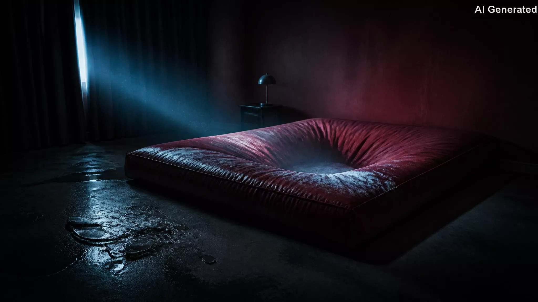 Empty stripped water bed with deep indentation and overturned glass in dim bedroom