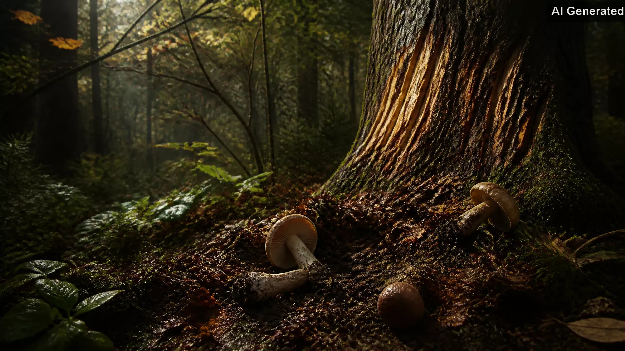 Dense forest undergrowth with scattered mushrooms and deep claw marks scratched into tree bark