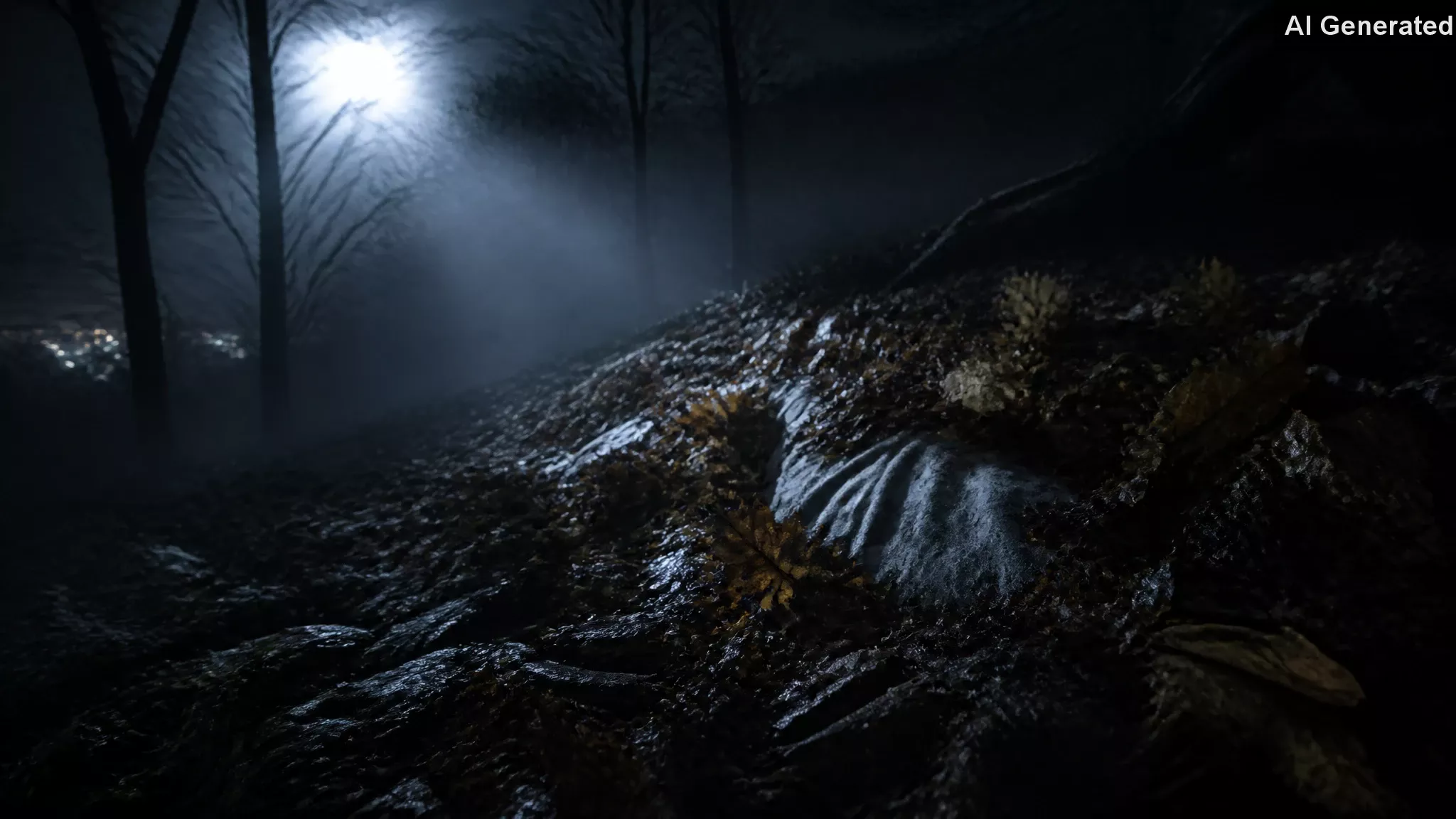 Pile of dark forest leaves under cold moonlight with a faint pale fabric texture partly visible beneath.