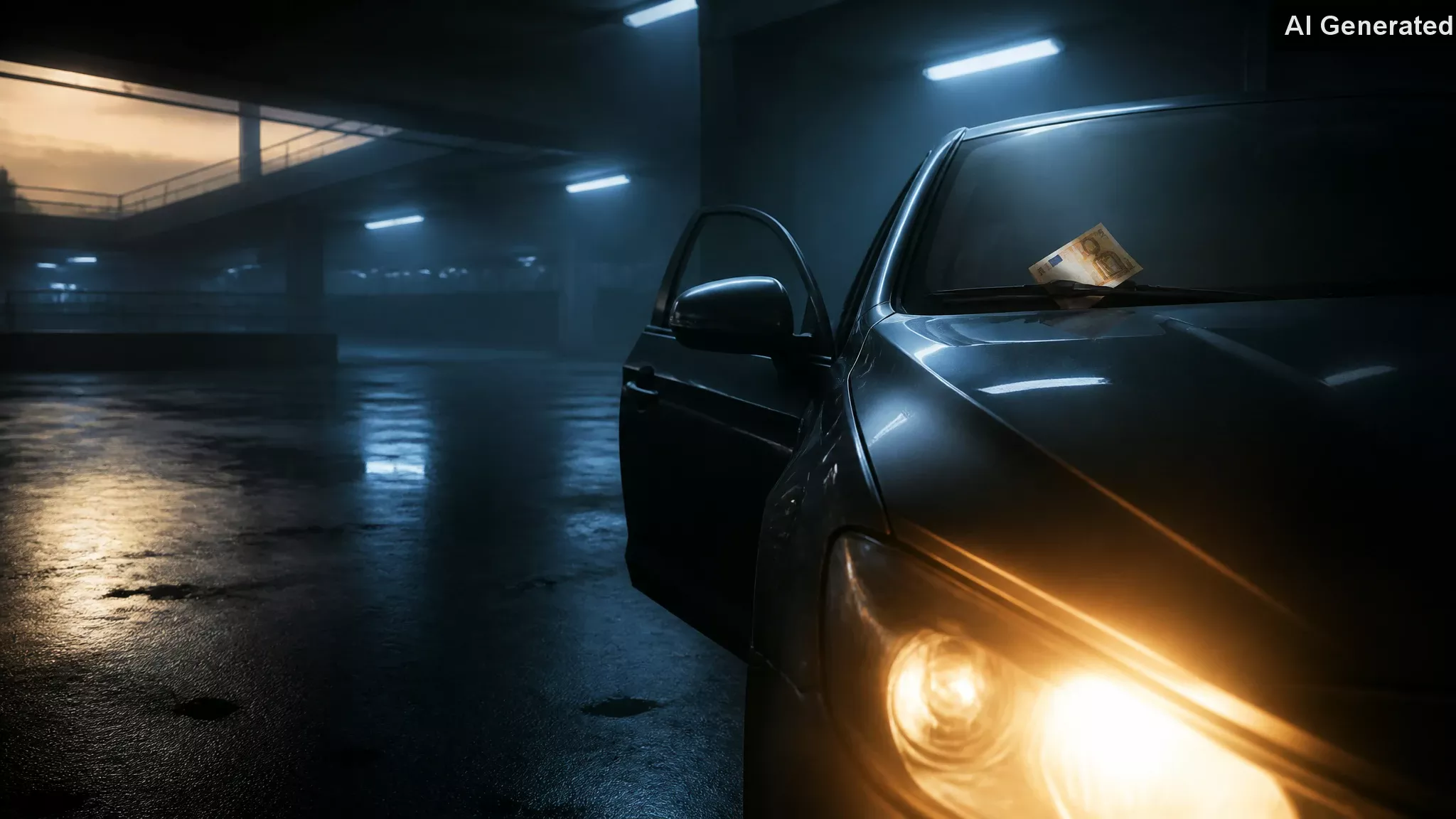 Folded banknote wedged under car windshield wiper in dim empty parking garage
