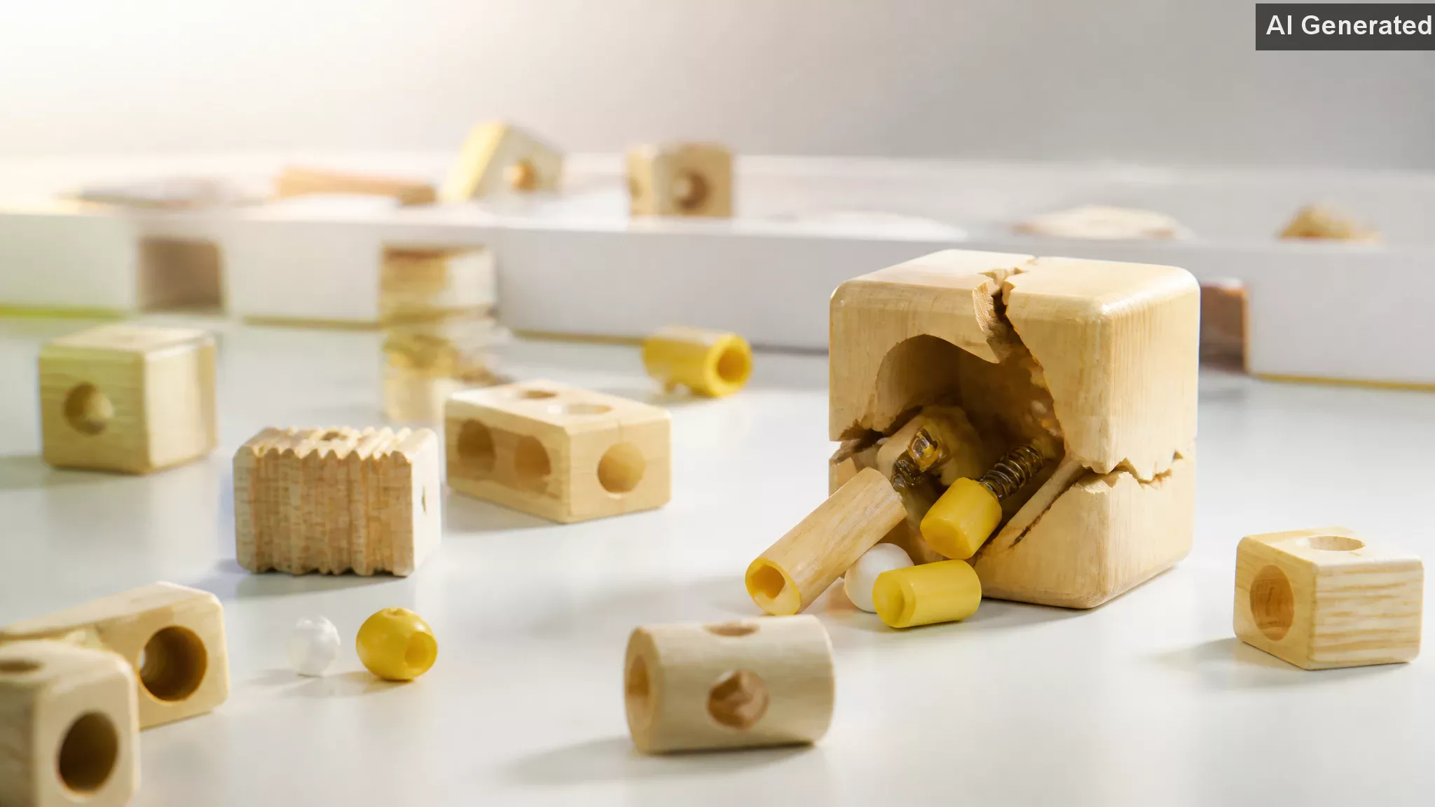 Wooden toy blocks scattered on a clean surface with small parts spilling from a cracked block