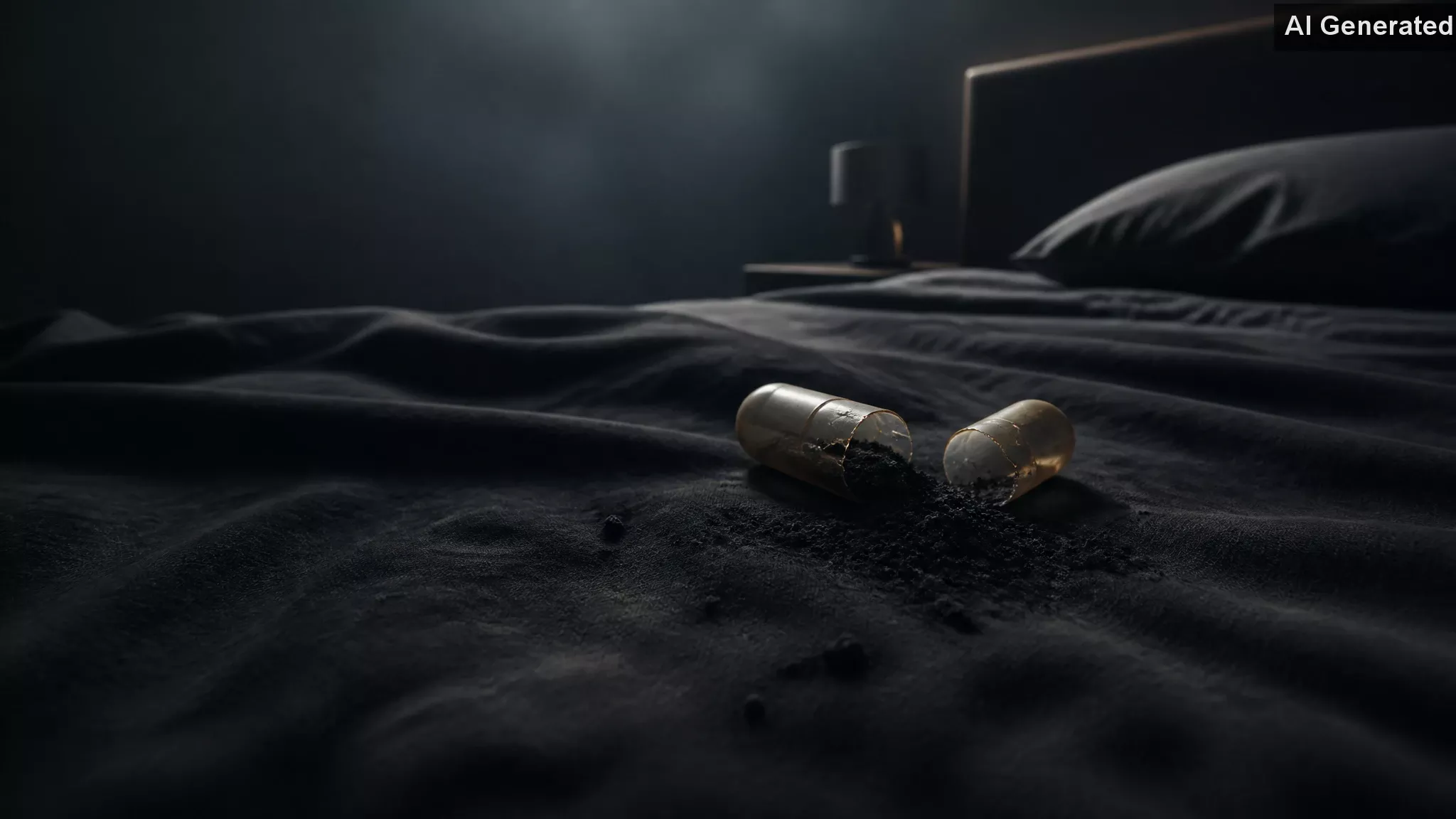 Shattered pill capsule spilling dark powder onto rumpled dark bedsheets in dim room