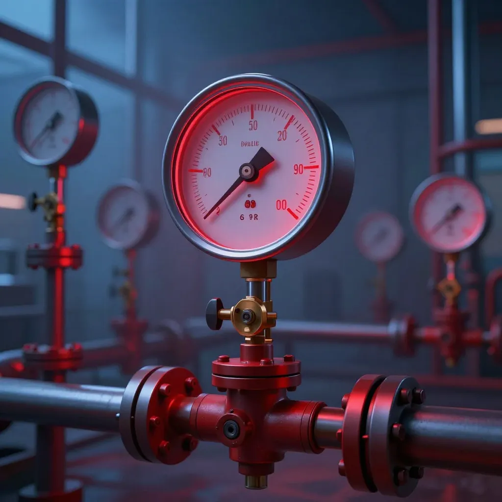Close-up of an industrial gas pressure gauge with needle pinned in the red danger zone amid pipes