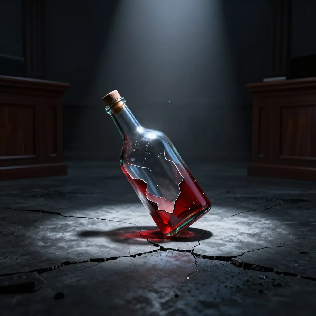 Shattered glass bottle with scorch marks on cracked dark concrete under a single beam of light