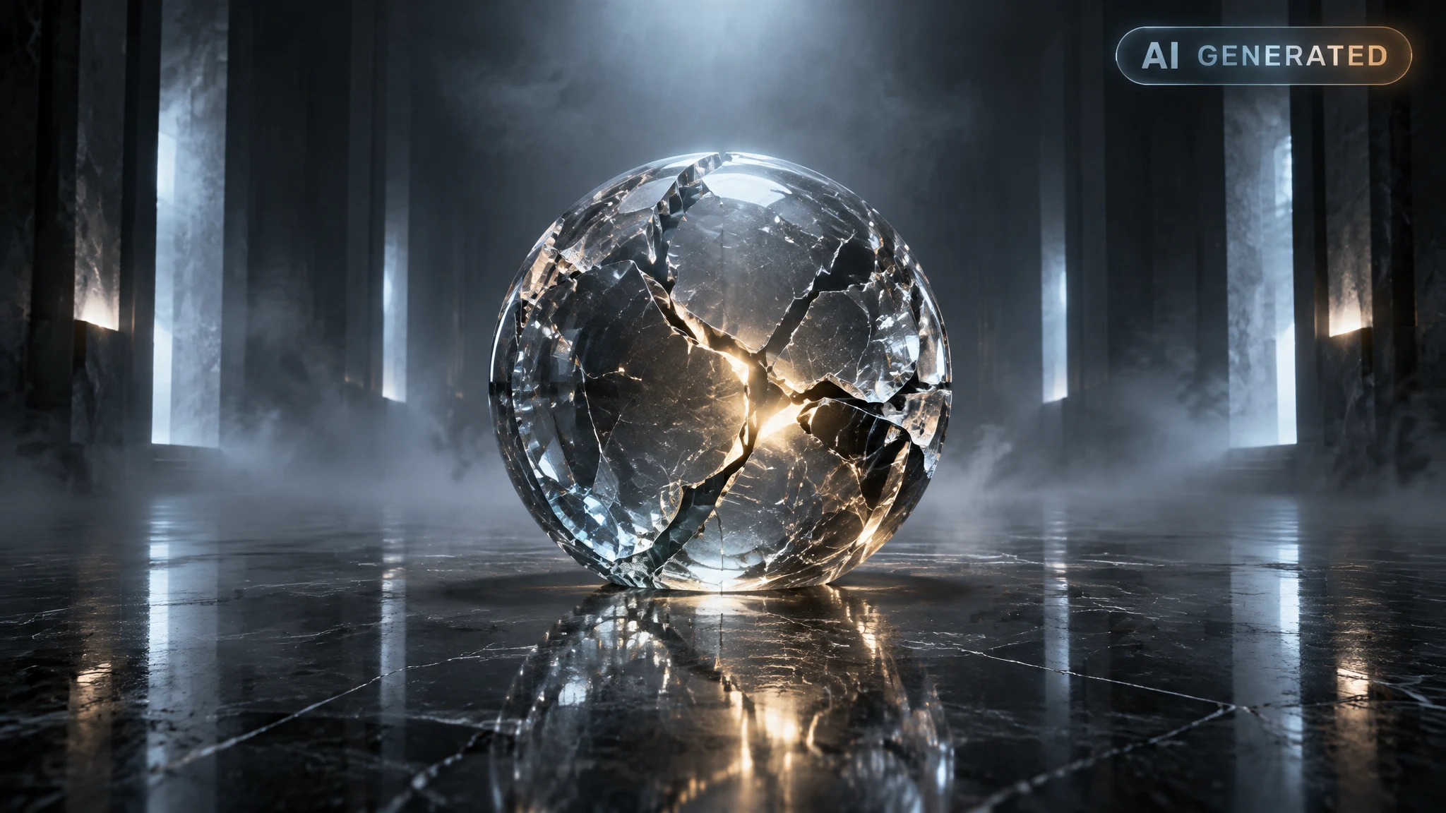 Cracked glass sphere sitting alone on a dark marble floor under cold light