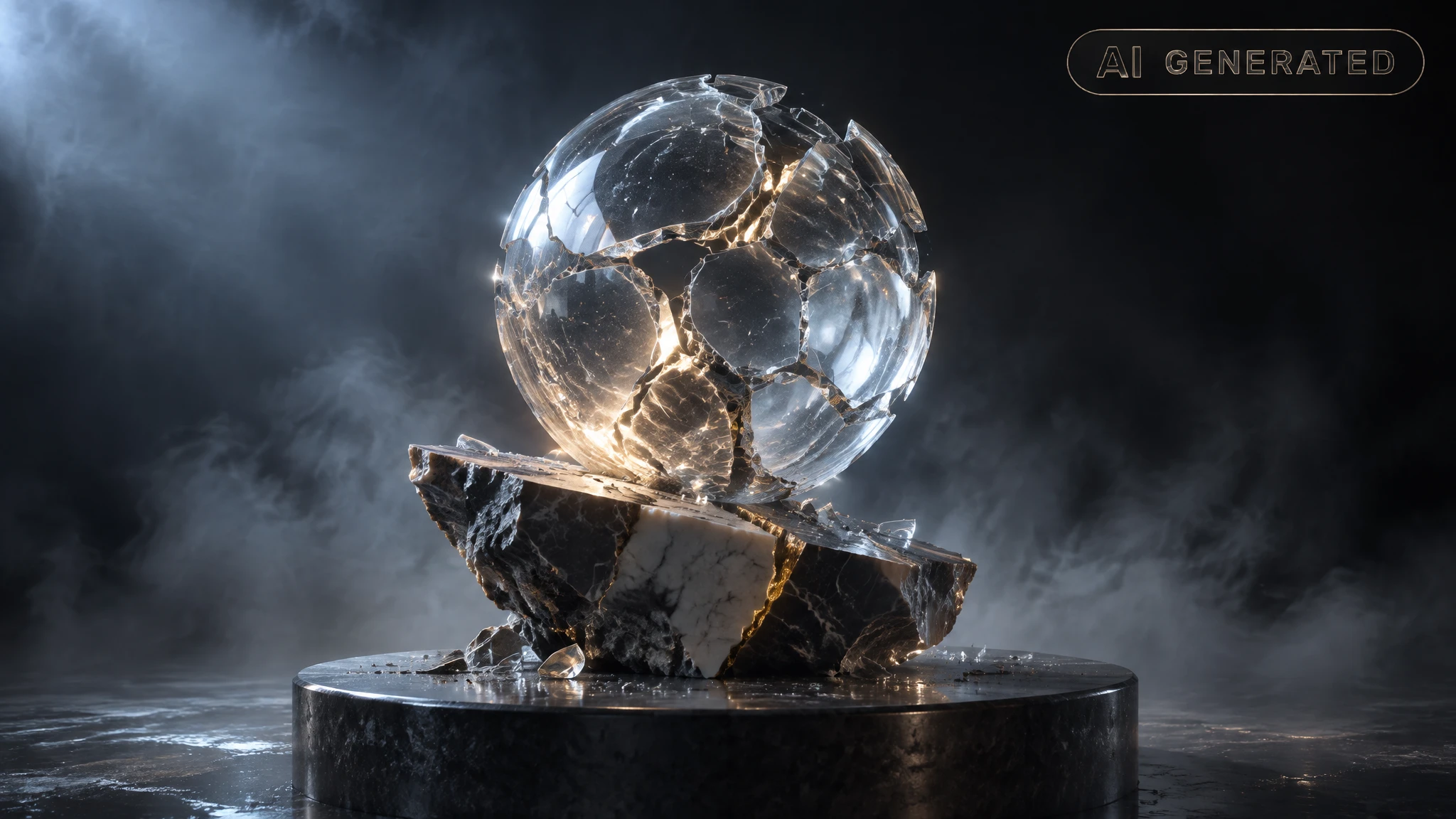 Cracked glass sphere resting on broken marble shard in dark empty studio space