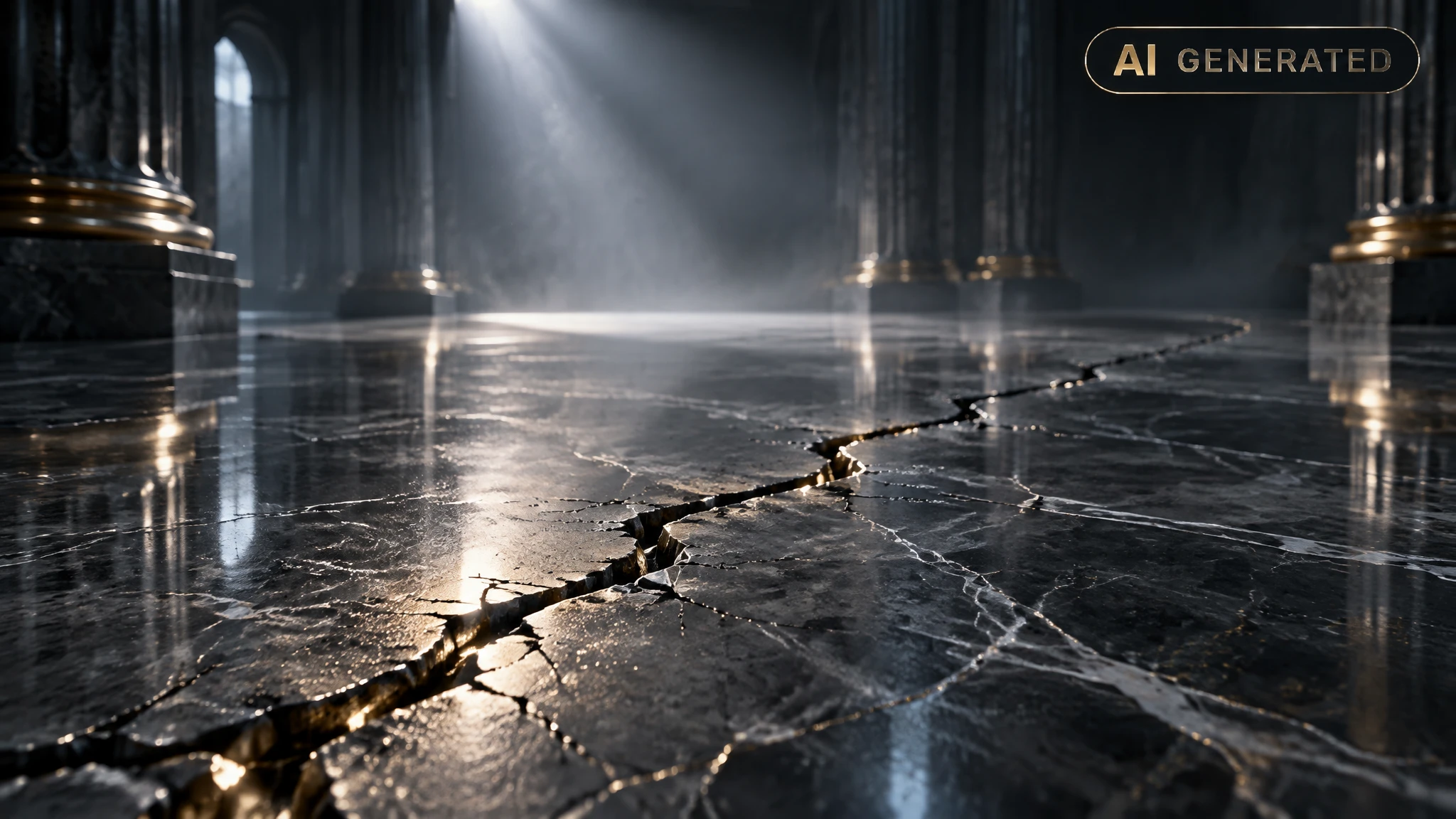 Close-up of a hairline crack spreading across a dark polished marble floor under a narrow beam of light