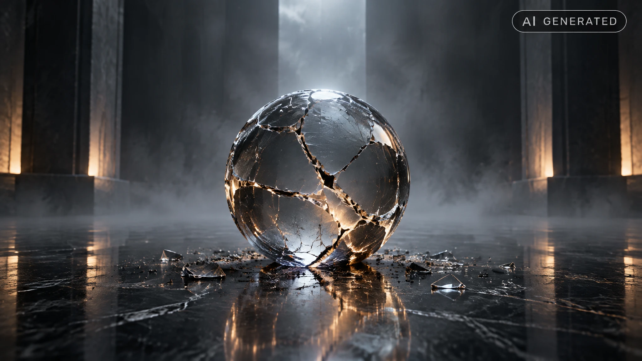 Cracked glass sphere resting on dark polished marble floor in empty hall