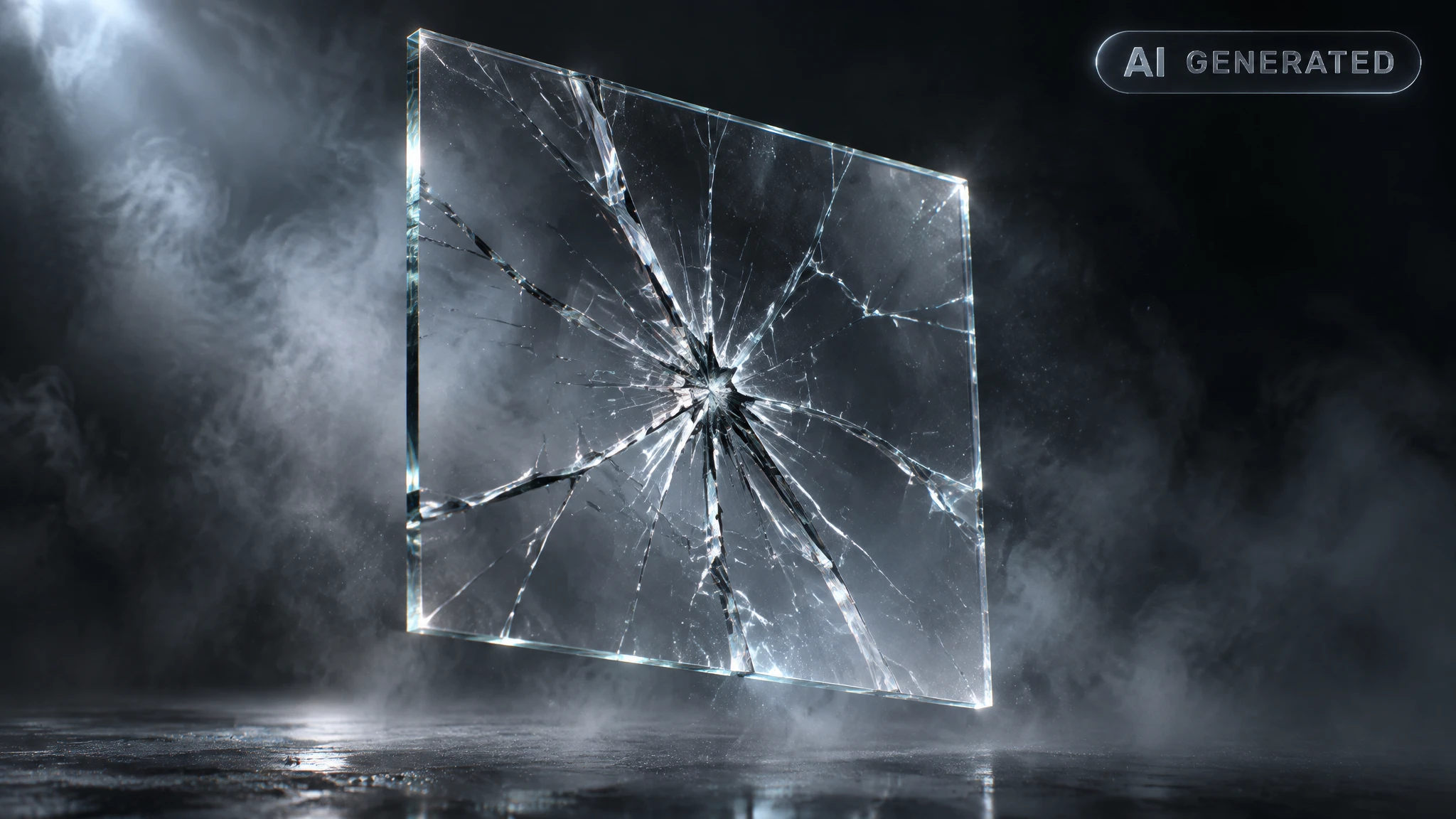 Cracked glass pane suspended in dark foggy void with light fracturing through fissures