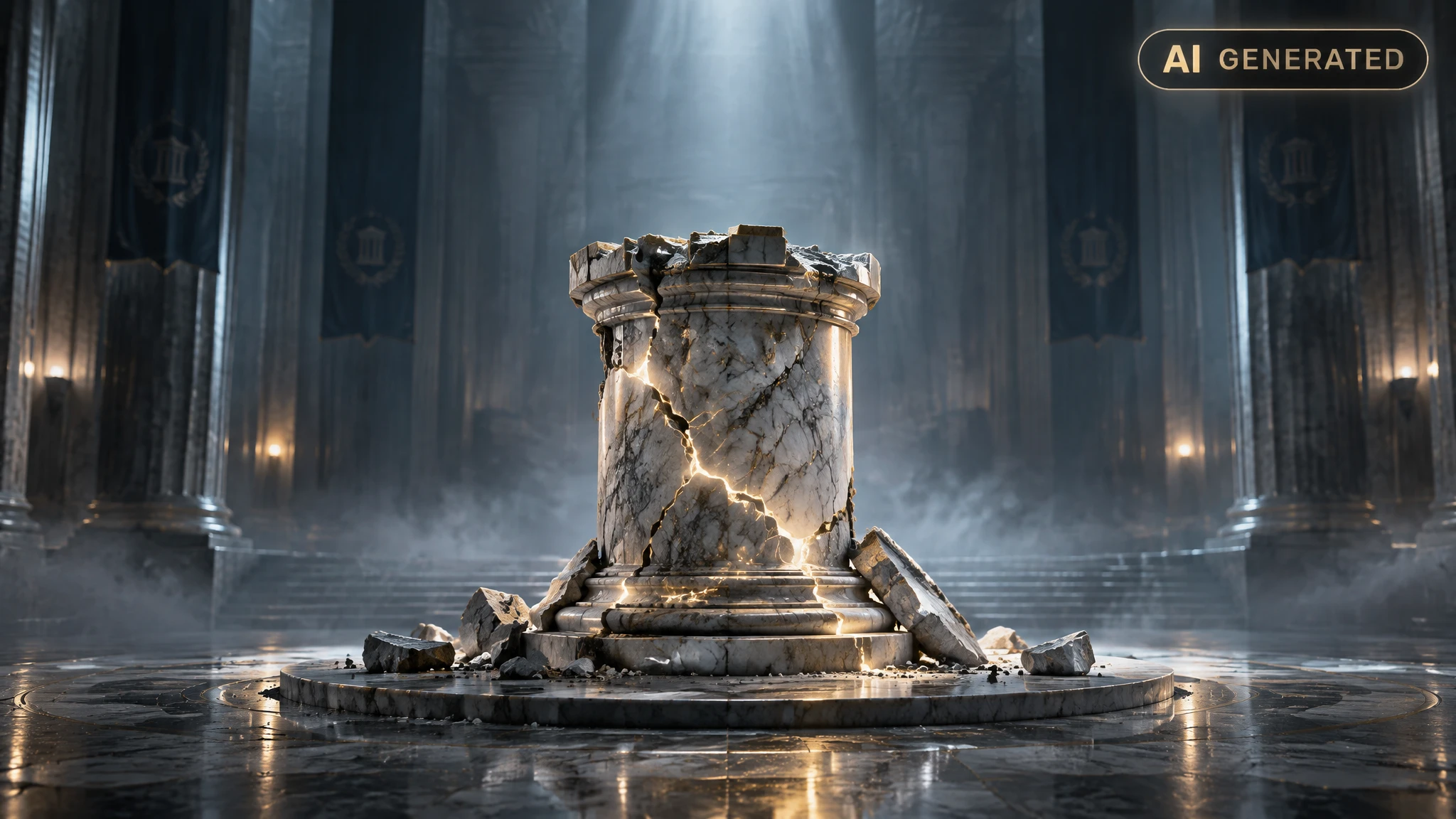 Cracked marble pedestal glowing faintly in an empty fog-filled hall