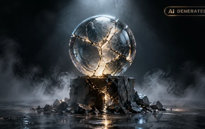 Cracked glass sphere balanced on a fractured pedestal in dark empty space
