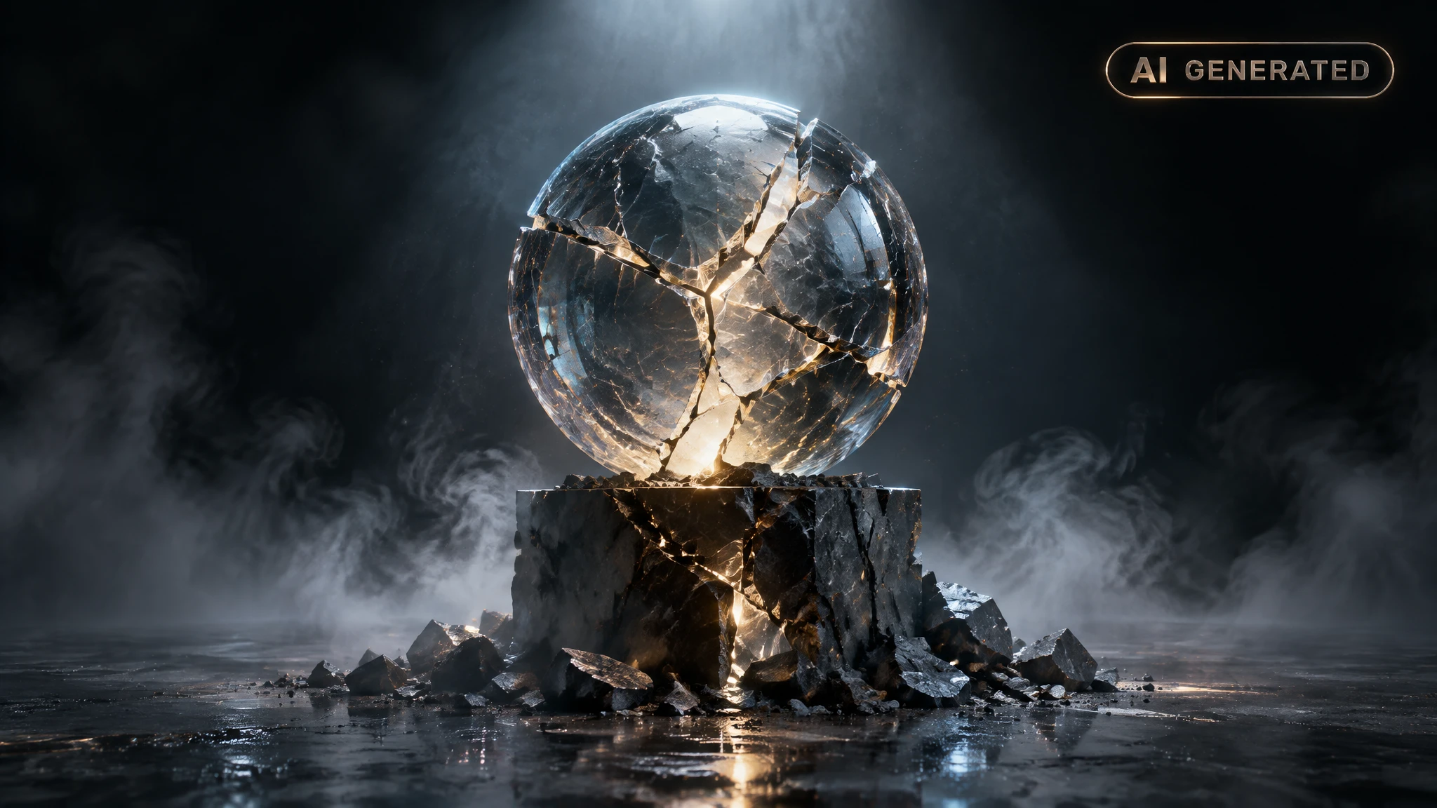 Cracked glass sphere balanced on a fractured pedestal in dark empty space