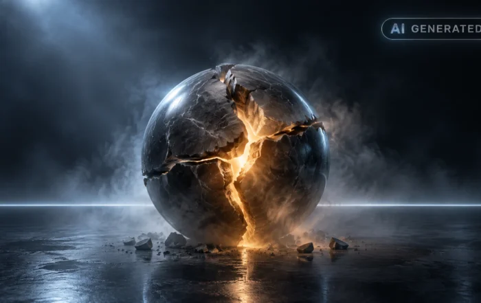 Fractured sphere with glowing crack resting in dark empty space