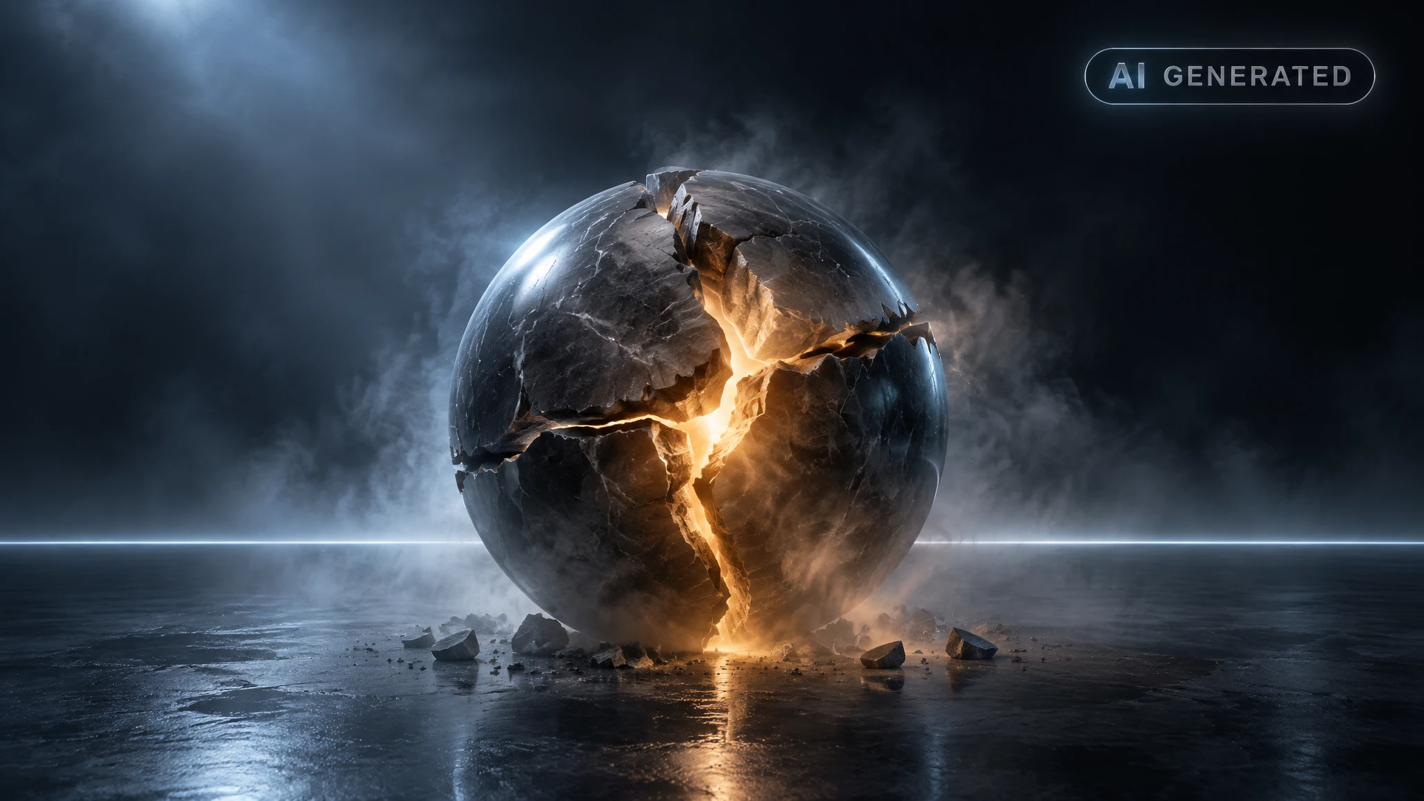 Fractured sphere with glowing crack resting in dark empty space