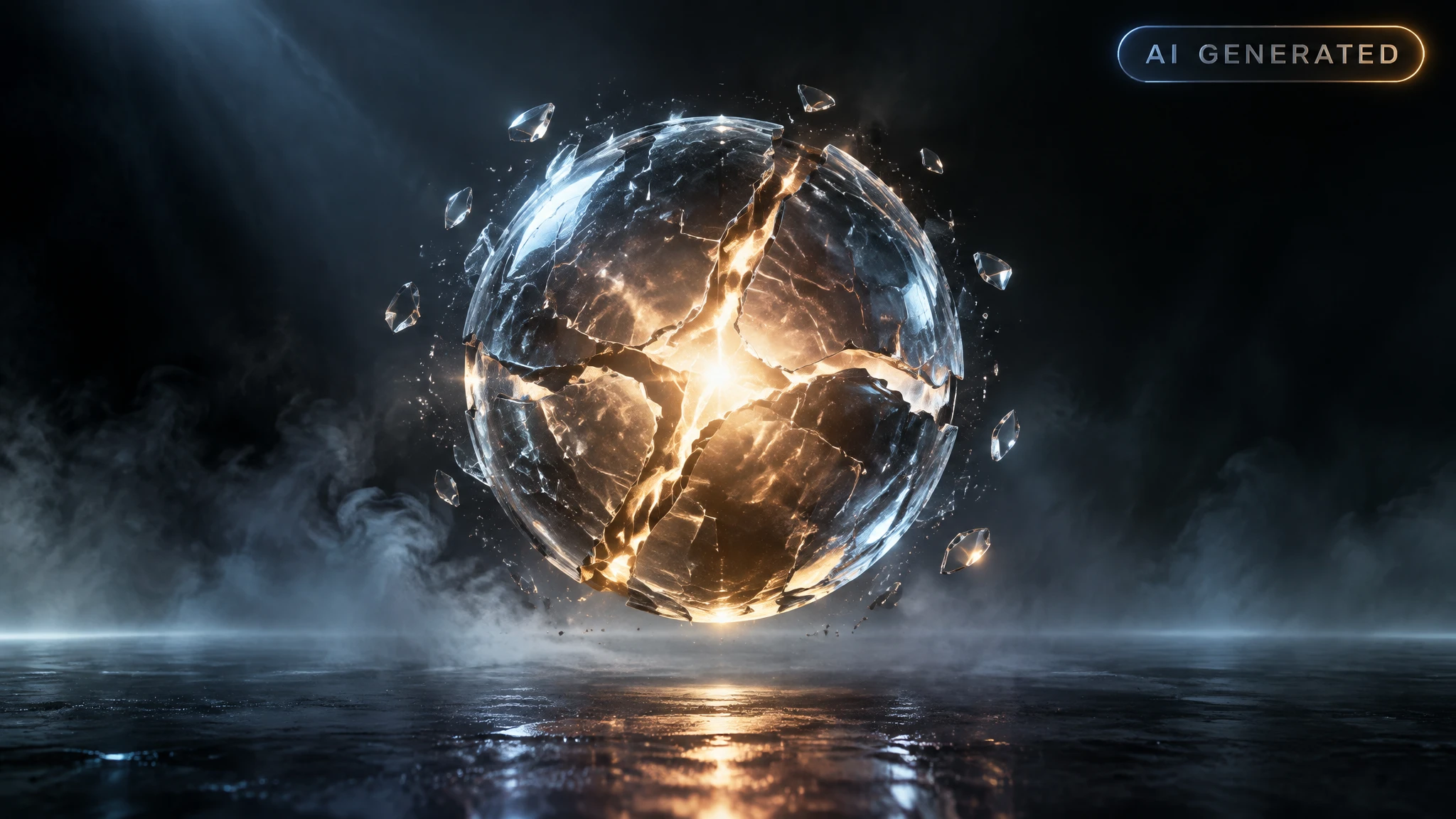Cracked glass sphere glowing faintly on dark reflective surface in empty studio space