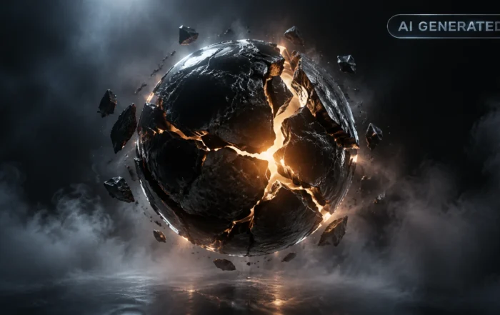 Dark cracked sphere glowing faintly from within, suspended in foggy void