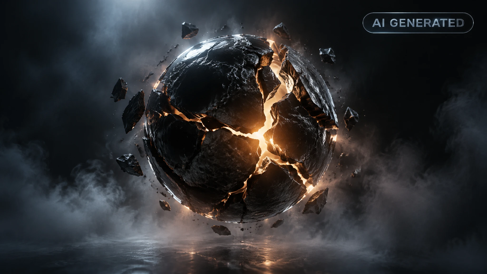 Dark cracked sphere glowing faintly from within, suspended in foggy void