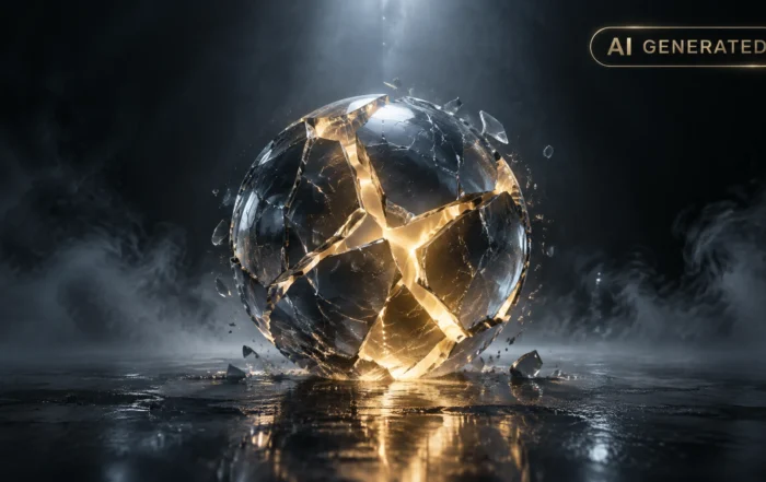 Fractured glass sphere glowing on a dark pedestal surrounded by fog