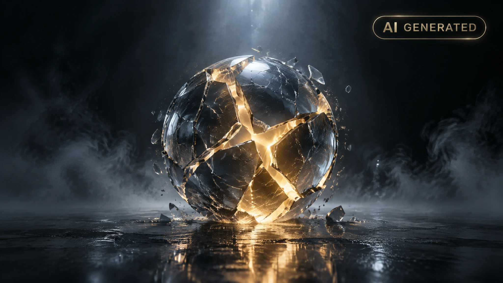 Fractured glass sphere glowing on a dark pedestal surrounded by fog