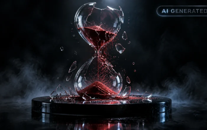 Cracked hourglass with red sand frozen mid-fall on a dark reflective surface in empty void