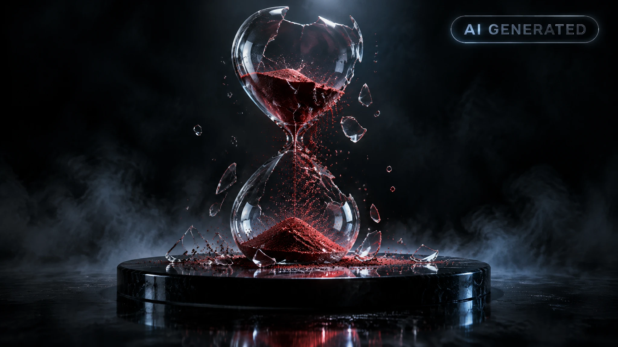 Cracked hourglass with red sand frozen mid-fall on a dark reflective surface in empty void
