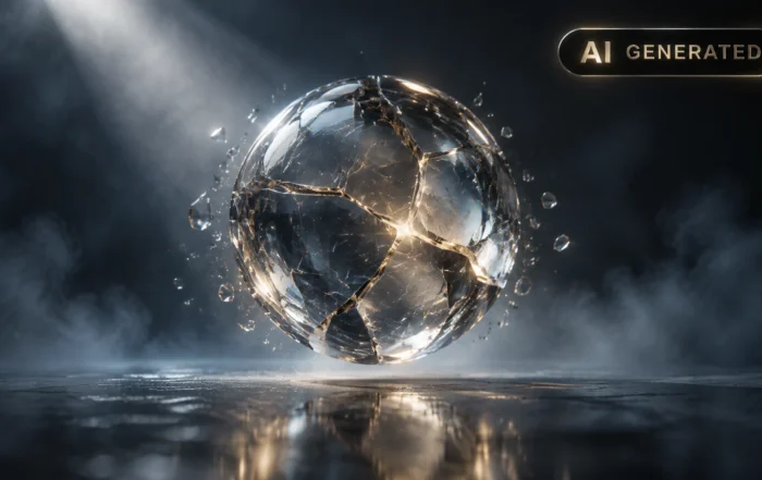 Cracked glass sphere balanced on thin rod above dark reflective floor with fractured light